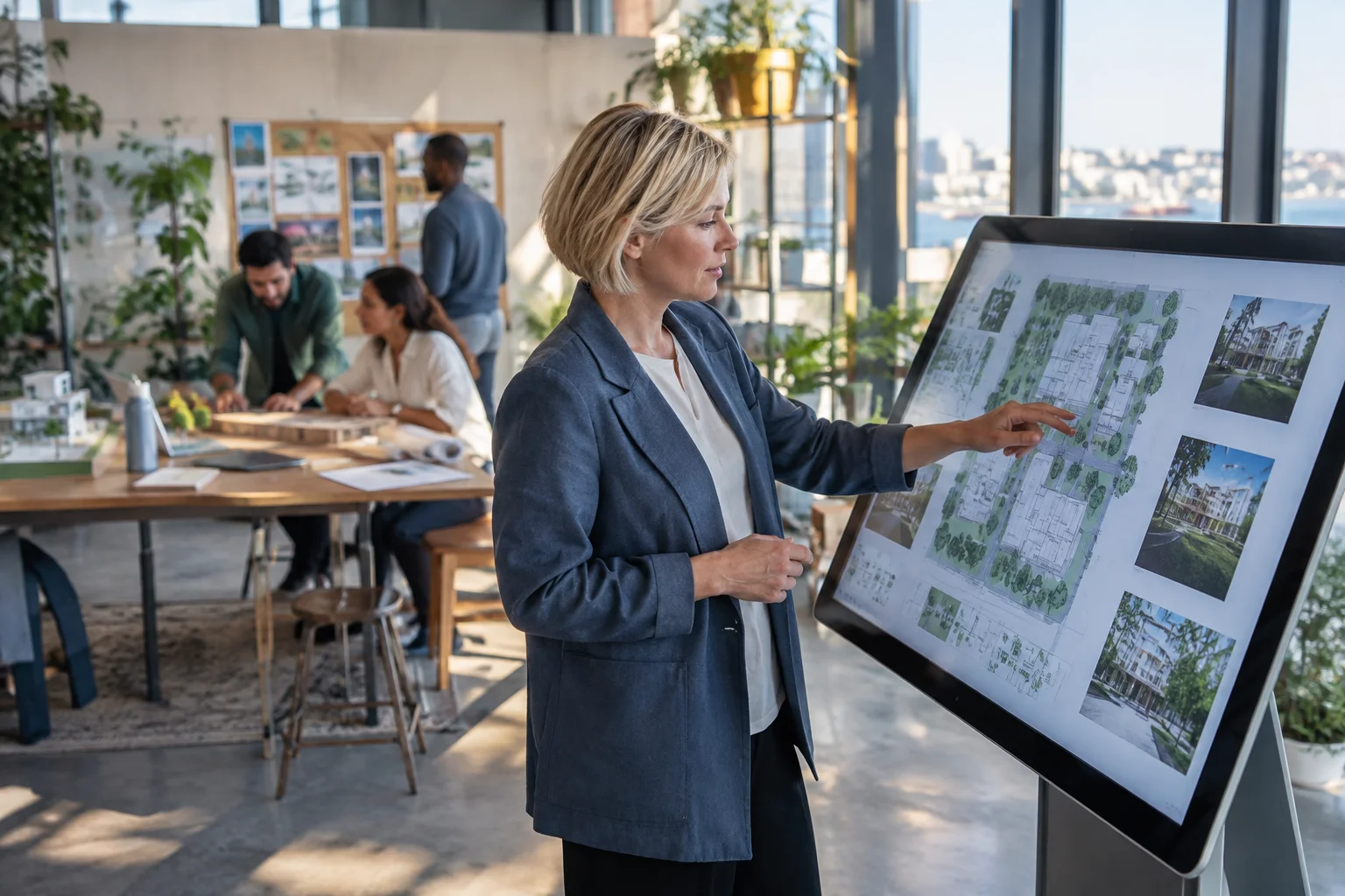 A project manager reviewing plans on a large touchscreen in a workshop