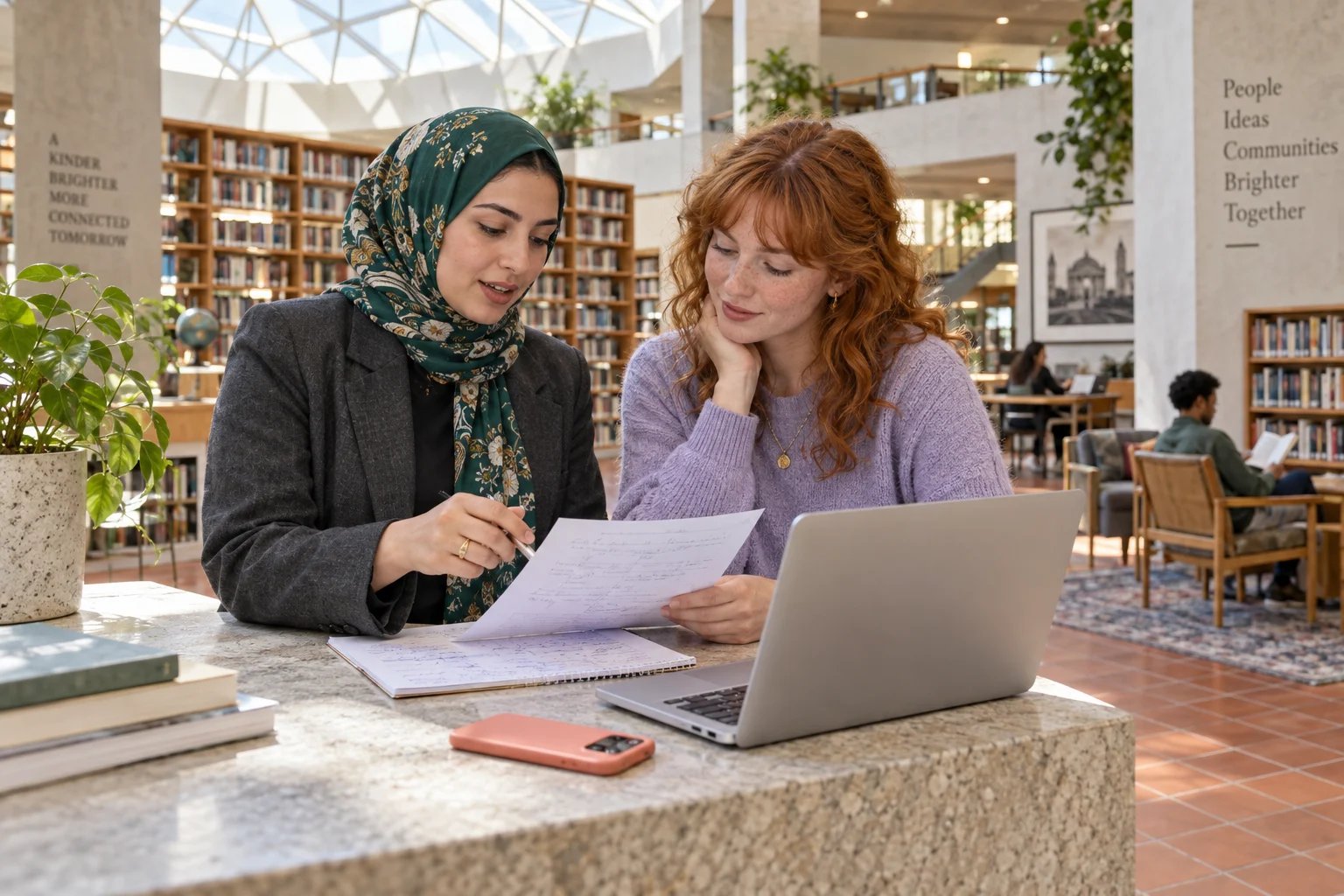 Two women reviewing notes and exchanging ideas at a community library counter