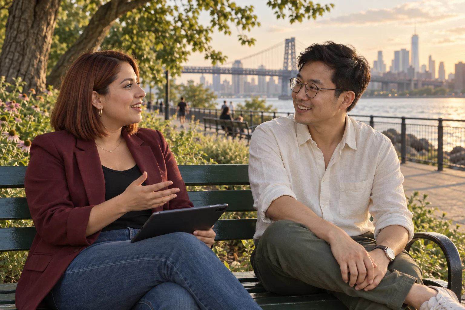 Two people talking together on a bench beside a riverside path