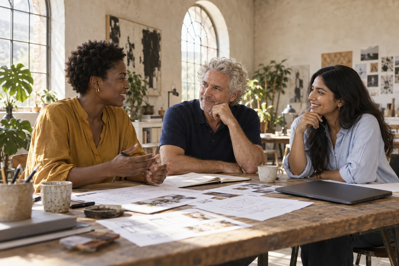 Three people exchanging ideas around paper sketches in a bright creative studio