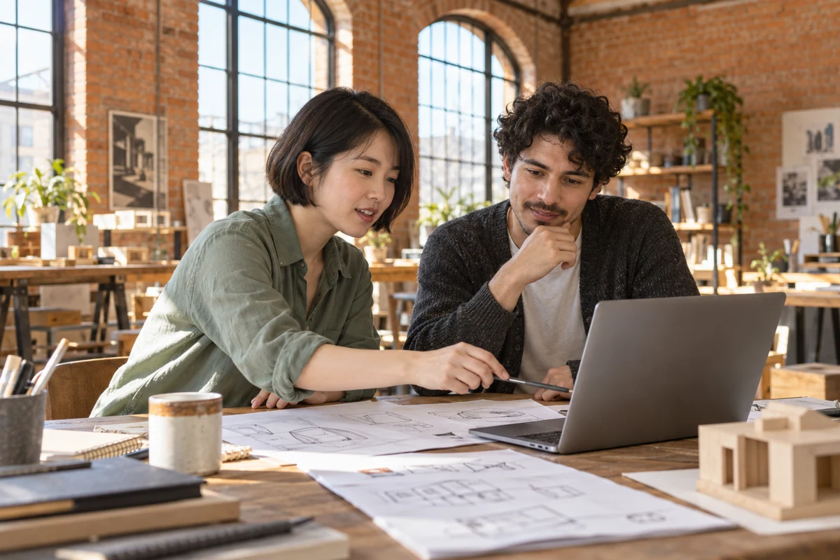 Two collaborators reviewing a laptop and sketches in a bright brick workshop