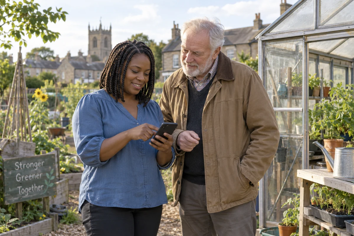 Two neighbours discussing a smartphone beside a community greenhouse