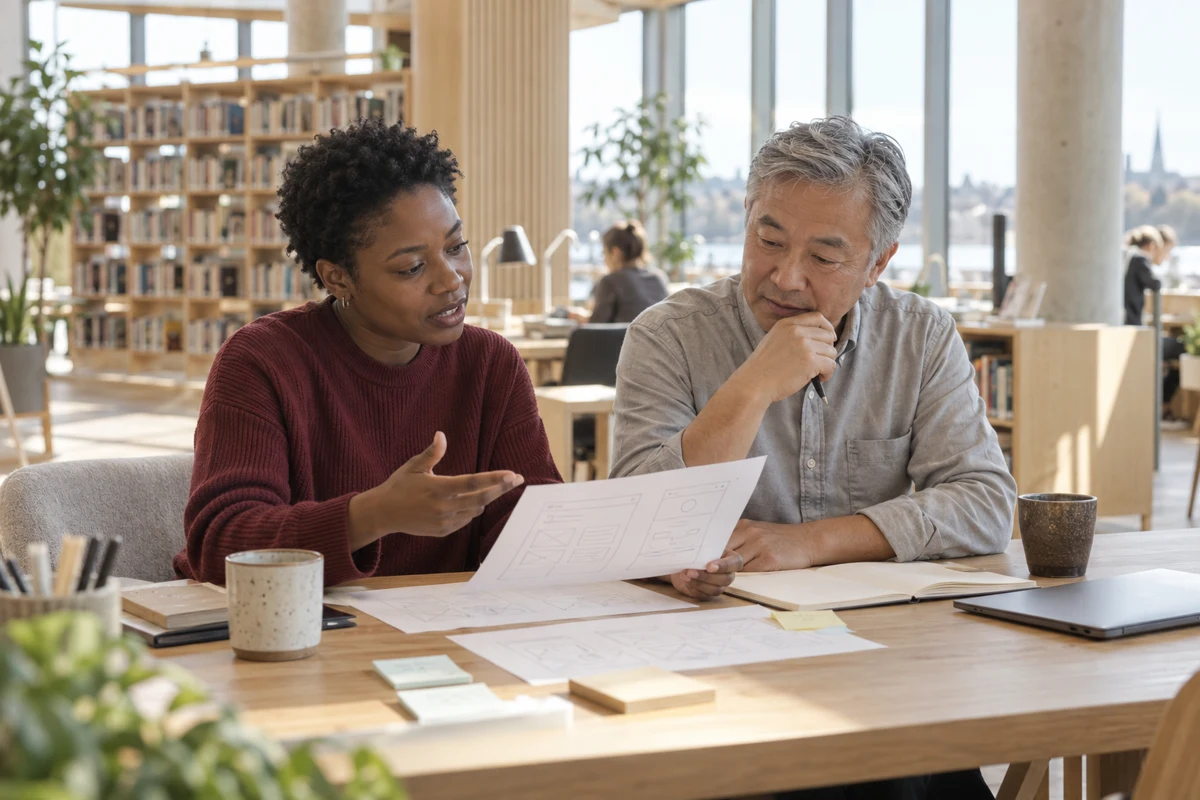 Two collaborators reviewing a paper prototype in a quiet library