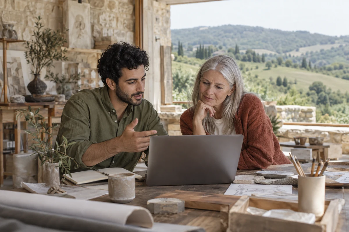 Two people working together in a countryside stone workshop