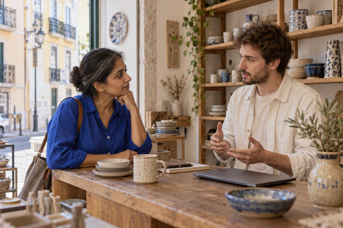A customer and shop owner discussing a practical question in a ceramics shop