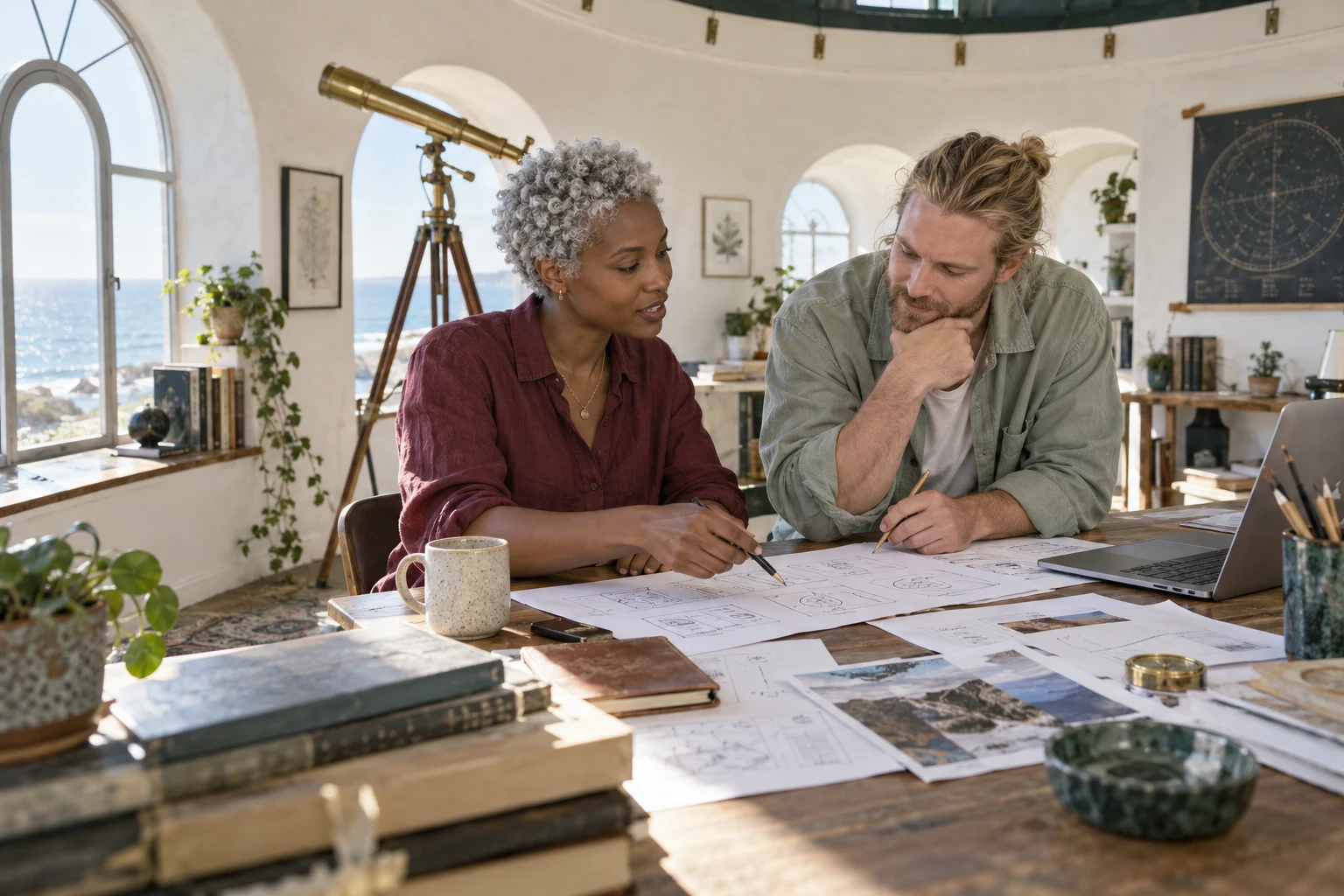 Two designers discussing paper sketches in a bright coastal studio