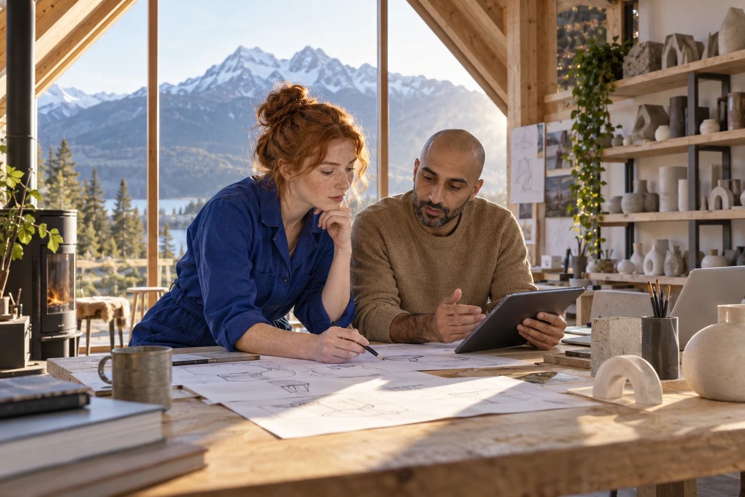 Two people planning ideas with sketches and a tablet in a mountain workshop