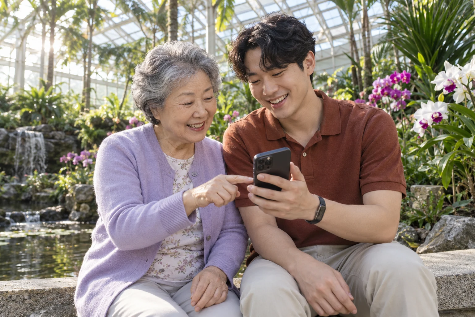 A grandmother and her grandson sharing a conversation in a botanical conservatory