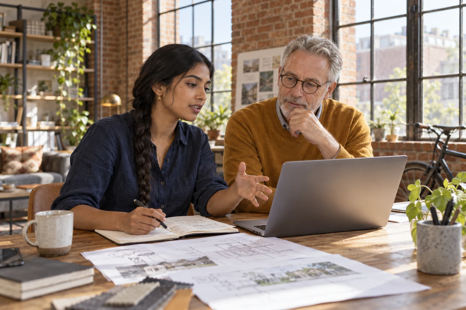 Two collaborators reviewing sketches in a sunlit brick studio