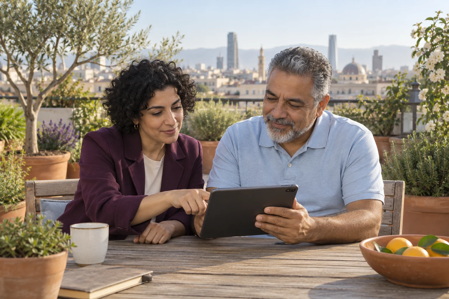 Two people reviewing a tablet in a rooftop garden