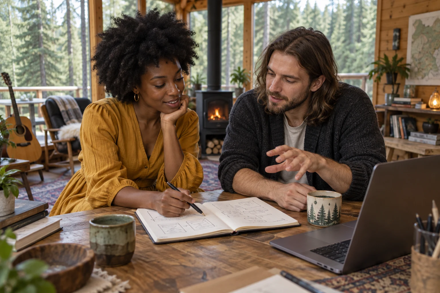 Two collaborators planning an idea in a forest workshop